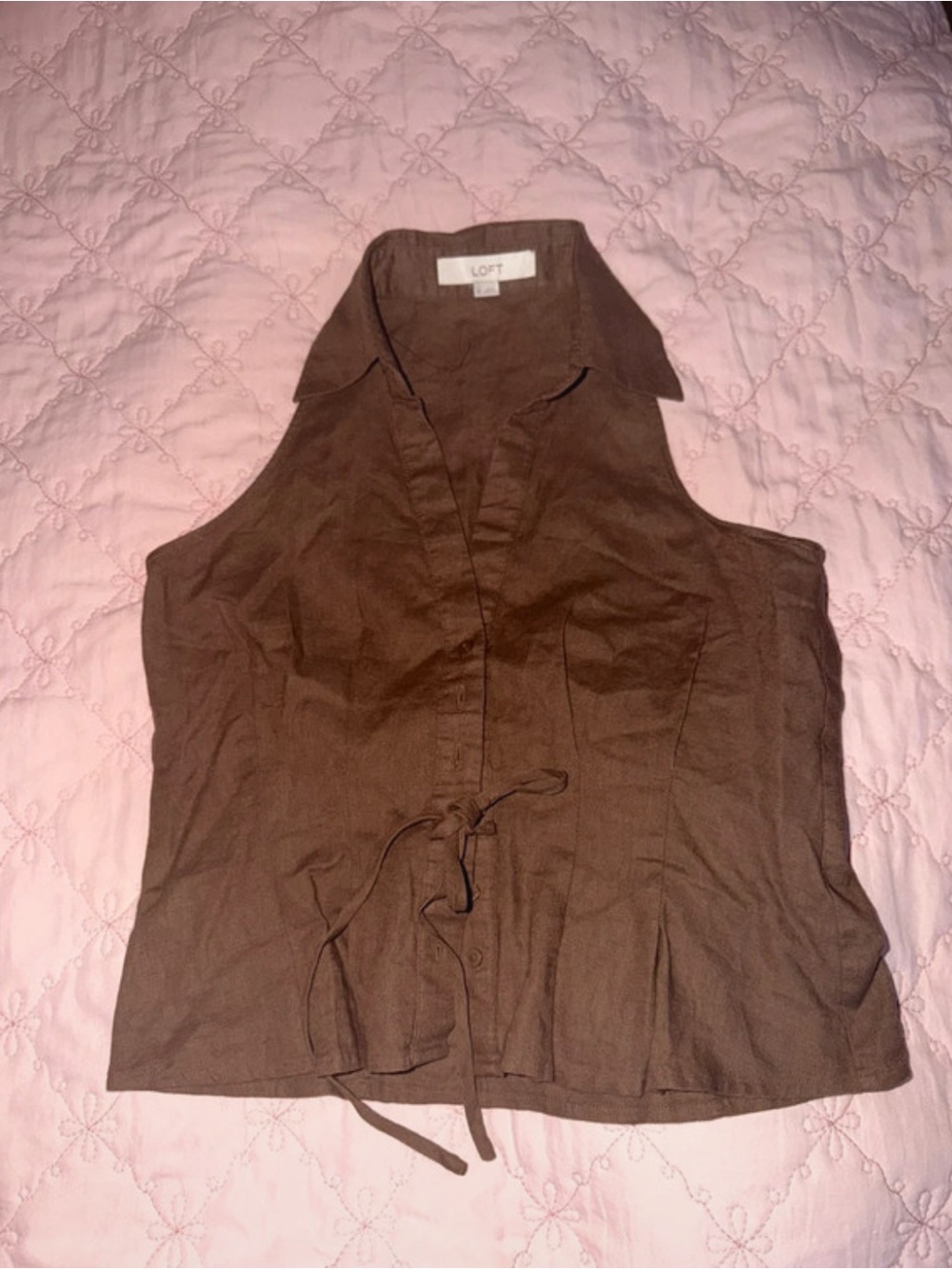 LOFT Brown Sleeveless Button-Down Tie-Front Shirt